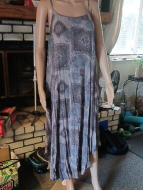 Boho Tile-Print Maxi Dress with Spaghetti Straps in Brown and Gray